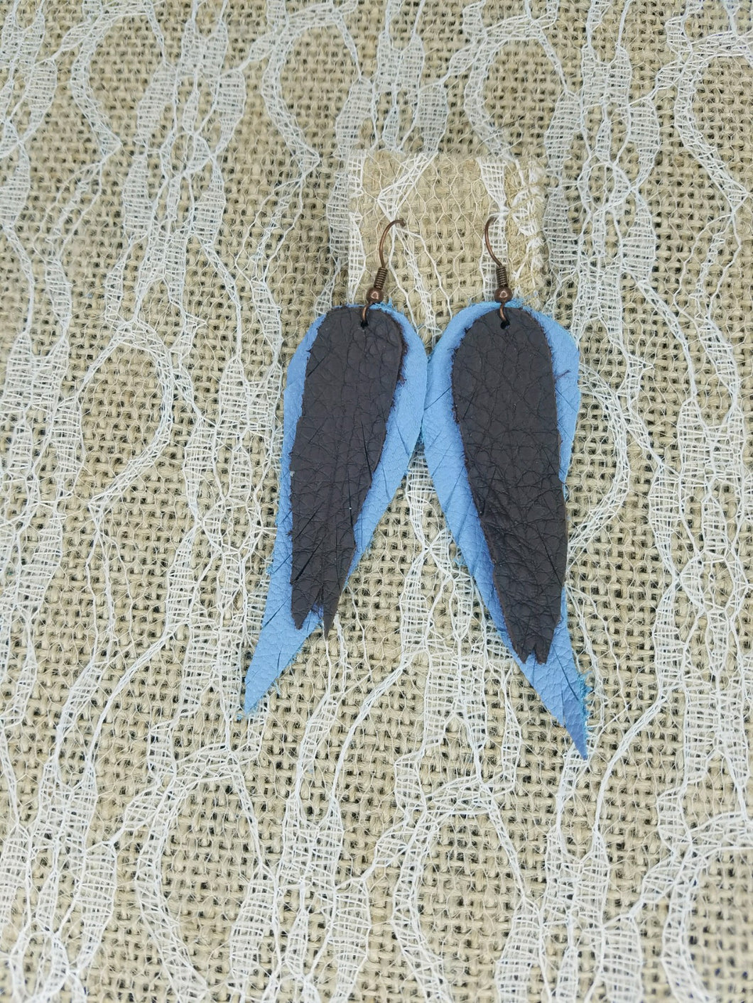 Periwinkle and chocolate brown feather earrings