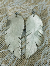 White gold leather feather earrings