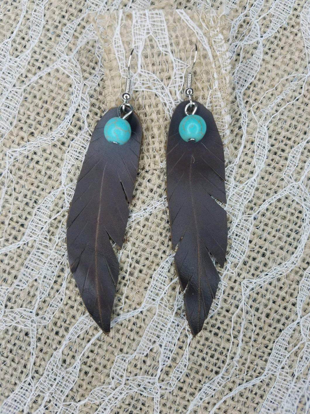 chocolate brown leather feather earrings
