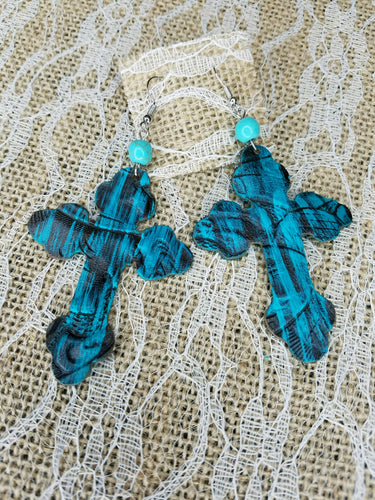 Black and turquoise leather cross earrings