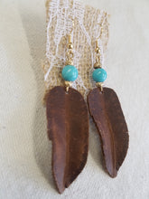 Turquoise bead leather feather earrings