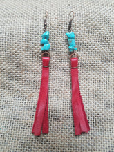 Red leather turquoise chip earrings