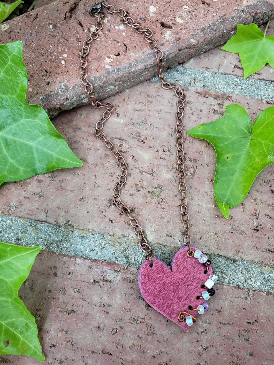Pink beaded boho heart necklace