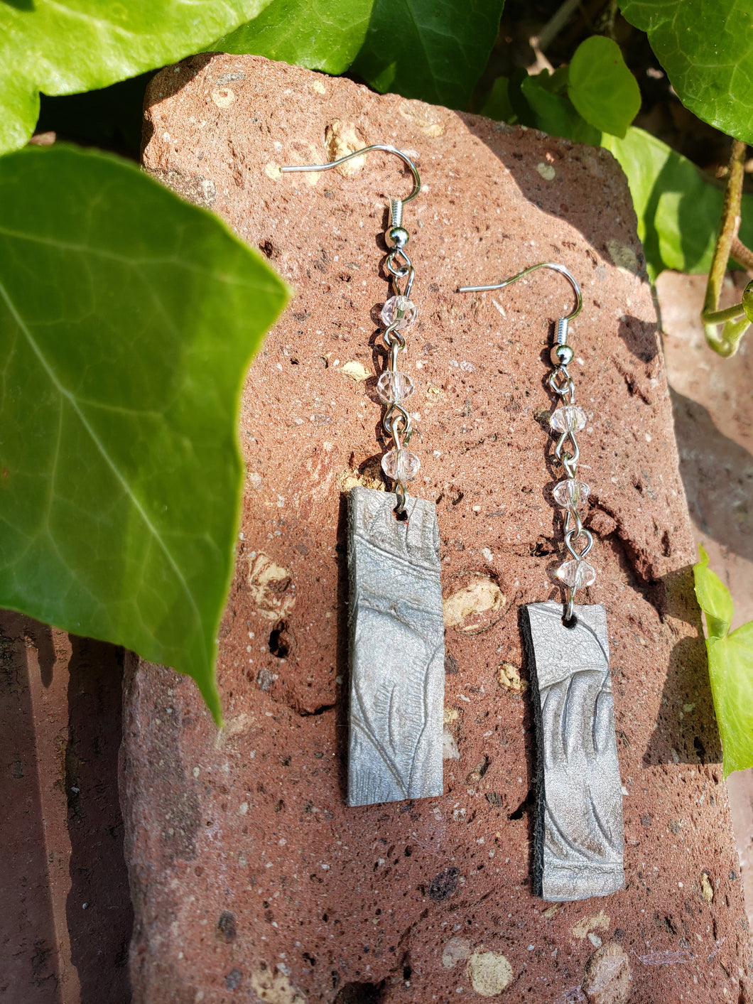 Silver leather bar dangle earrings