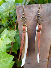 Antiqued brass leather tassel earrings