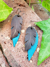 Petite brown and teal layered feather earrings