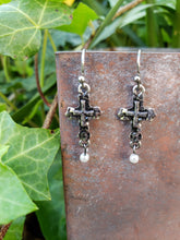 Petite pearl cross earrings