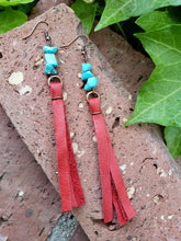 Red leather turquoise chip earrings