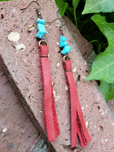 Red leather turquoise chip earrings