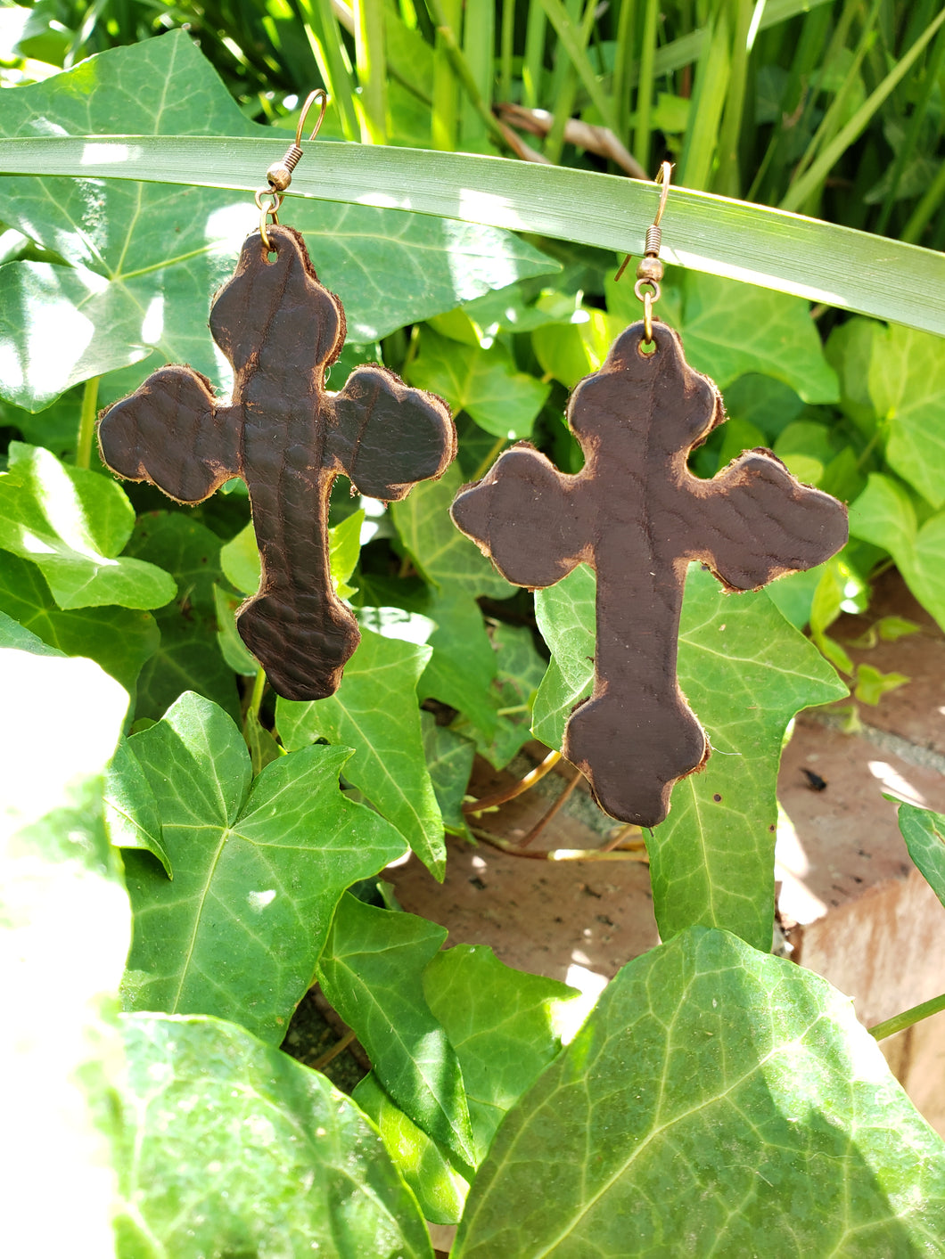 Chocolate brown leather cross earrings