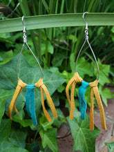 Turquoise and mustard leather raindrop fringe earrings