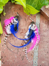 Boho pink and blue feather earrings