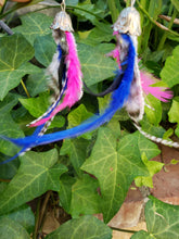 Boho pink and blue feather earrings