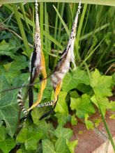 Mustard and black long feather earrings
