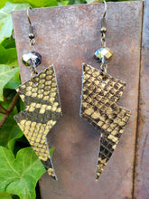 Gold metallic snakeskin lightning bolt earrings