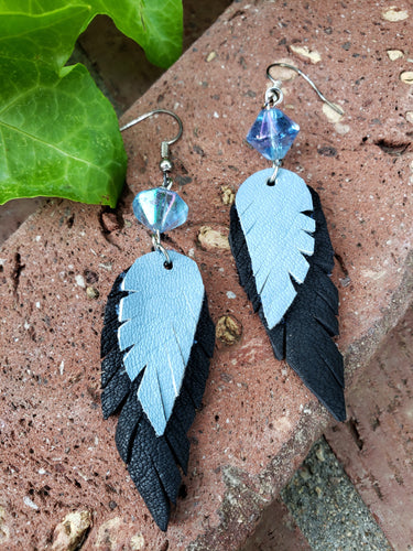 Blue bird leather feather earrings