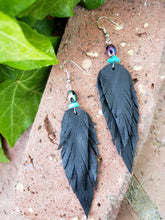 Peacock beaded black feather earrings
