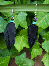 Peacock beaded black feather earrings