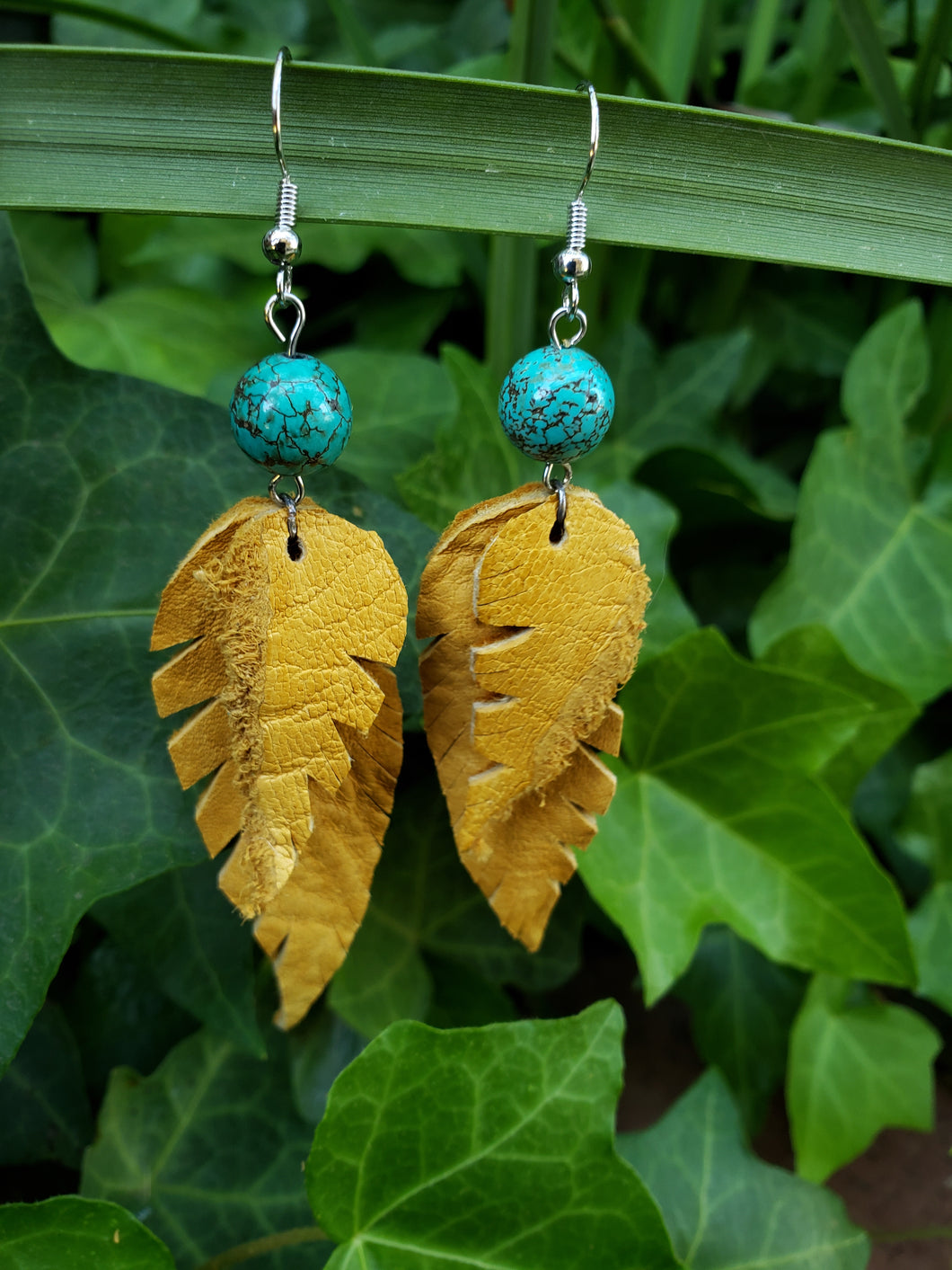 Layered Mustard leather feather earrings