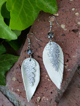 Silver crackle leather feather earrings