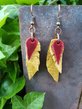 Mustard and red layered feather earrings