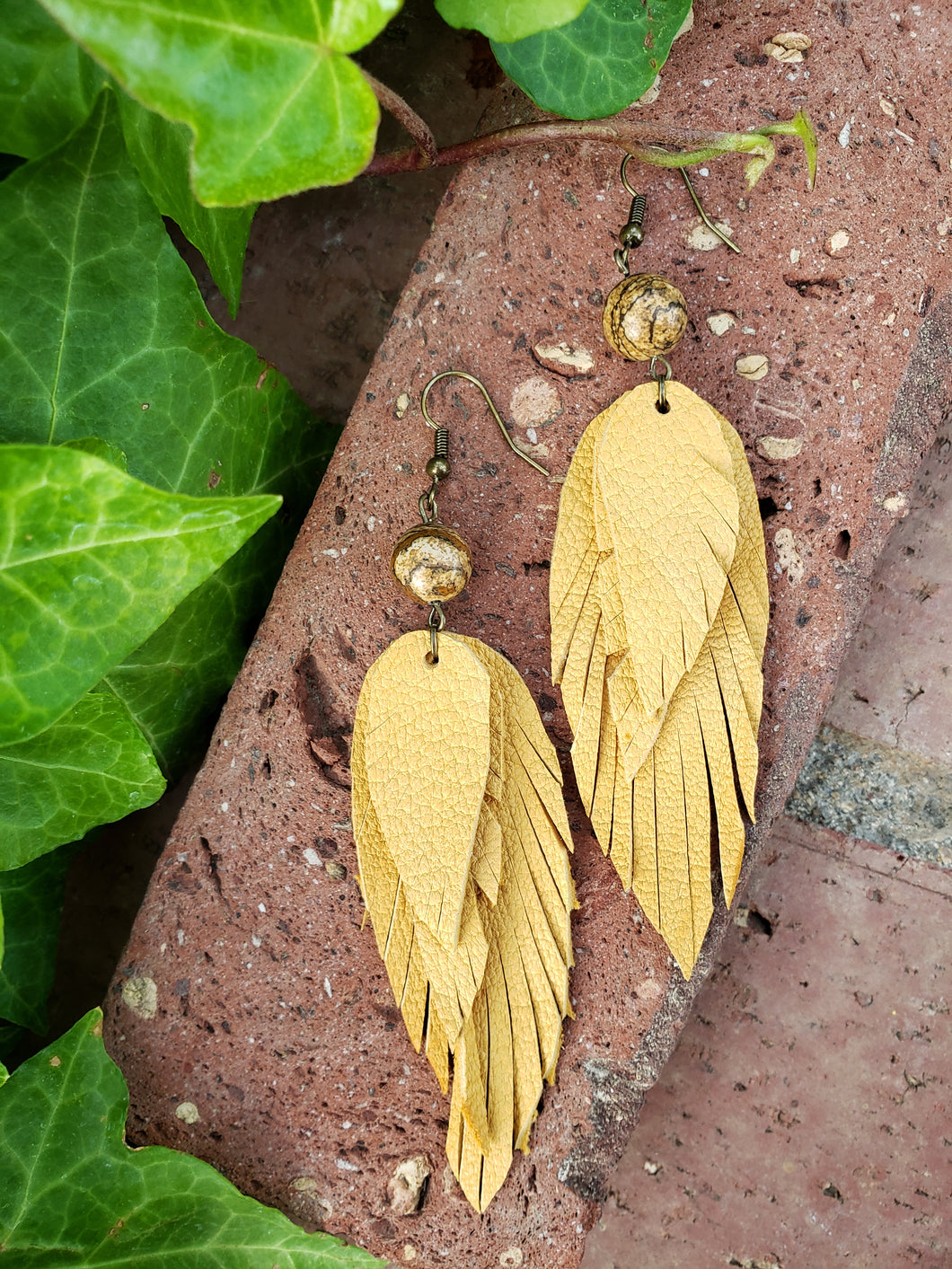 Mustard sandstone layered feather earrings