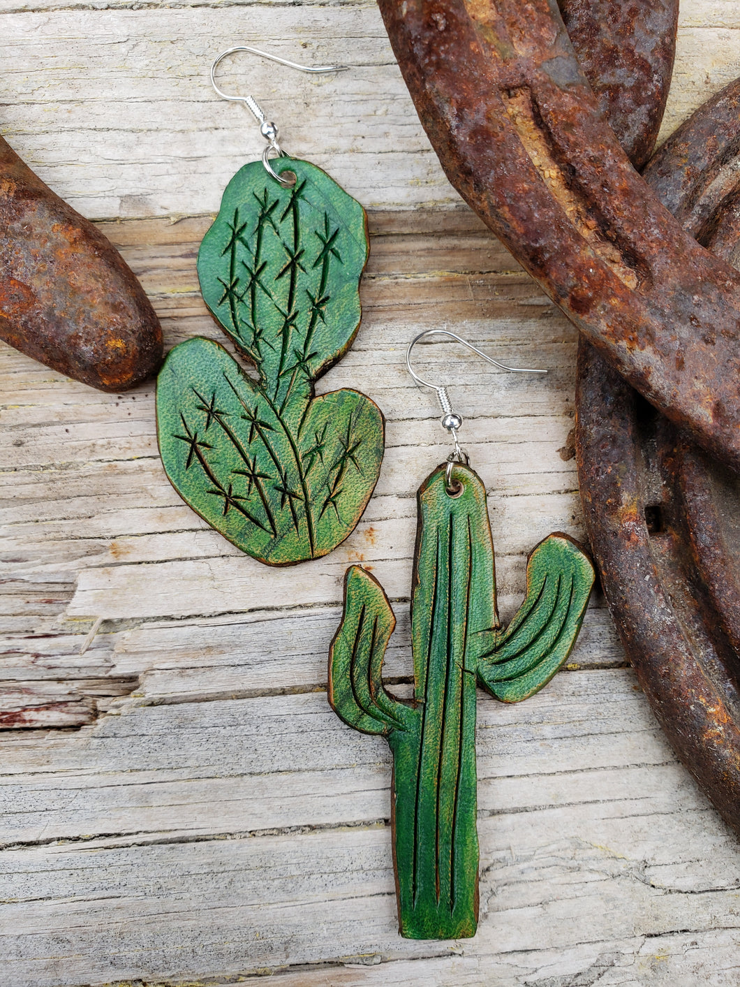 Cactus tooled leather earrings