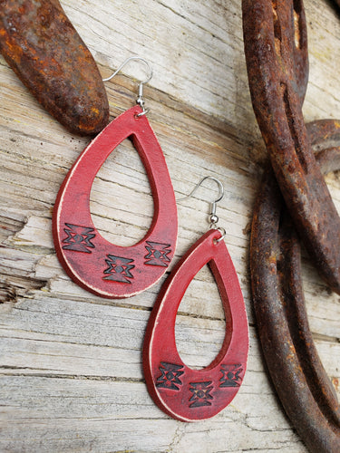 Red tooled leather earrings