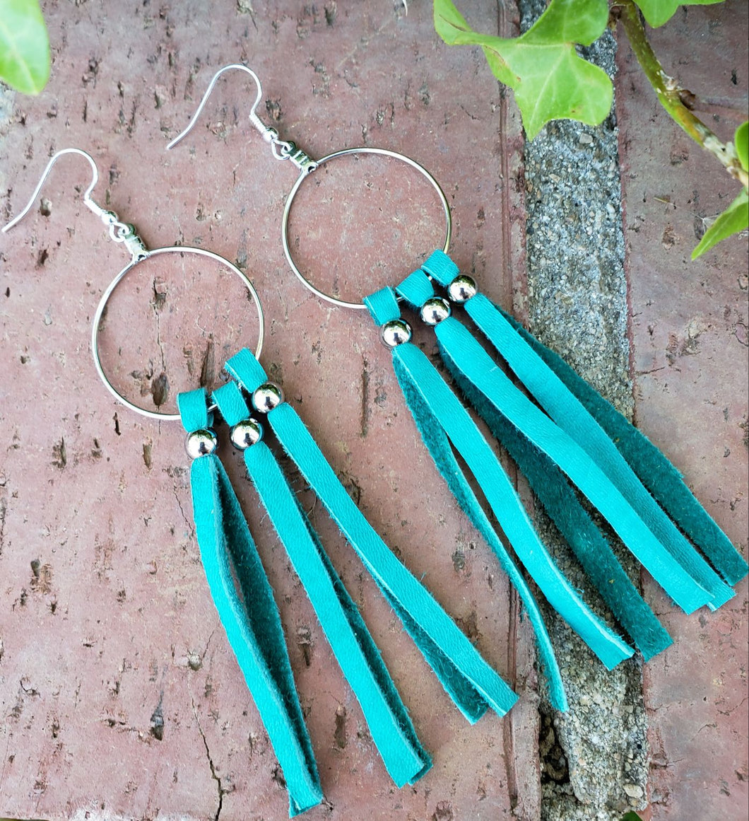 Turquoise fringe leather earrings