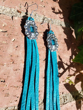 Long turquoise leather concho tassel earrings