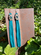 Long turquoise leather concho tassel earrings