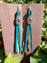 Mustard and turquoise leather concho tassel earrings