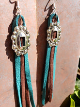 Turquoise and chocolate leather concho tassel earrings