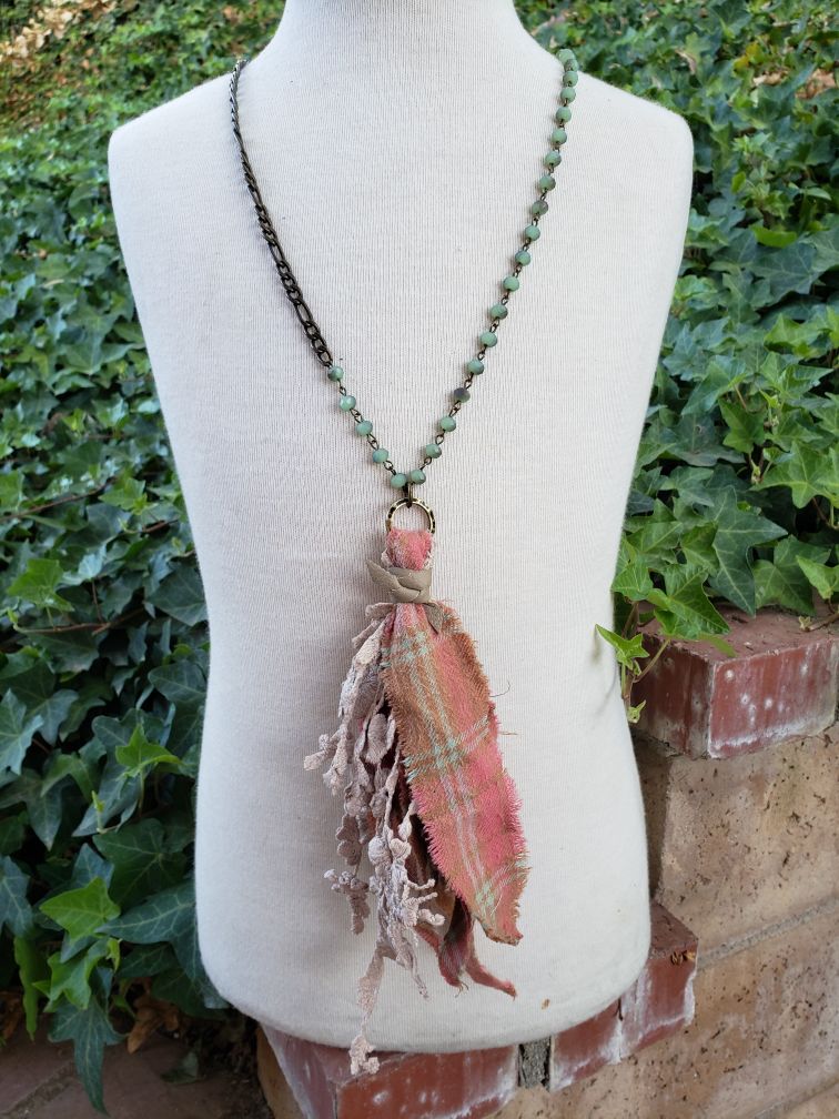 Vintage lace and flannel tassel necklace