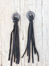 Wooden hoop black fringe earrings